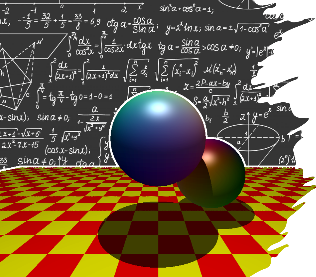 Stylized image of raytraced spheres with floating equations